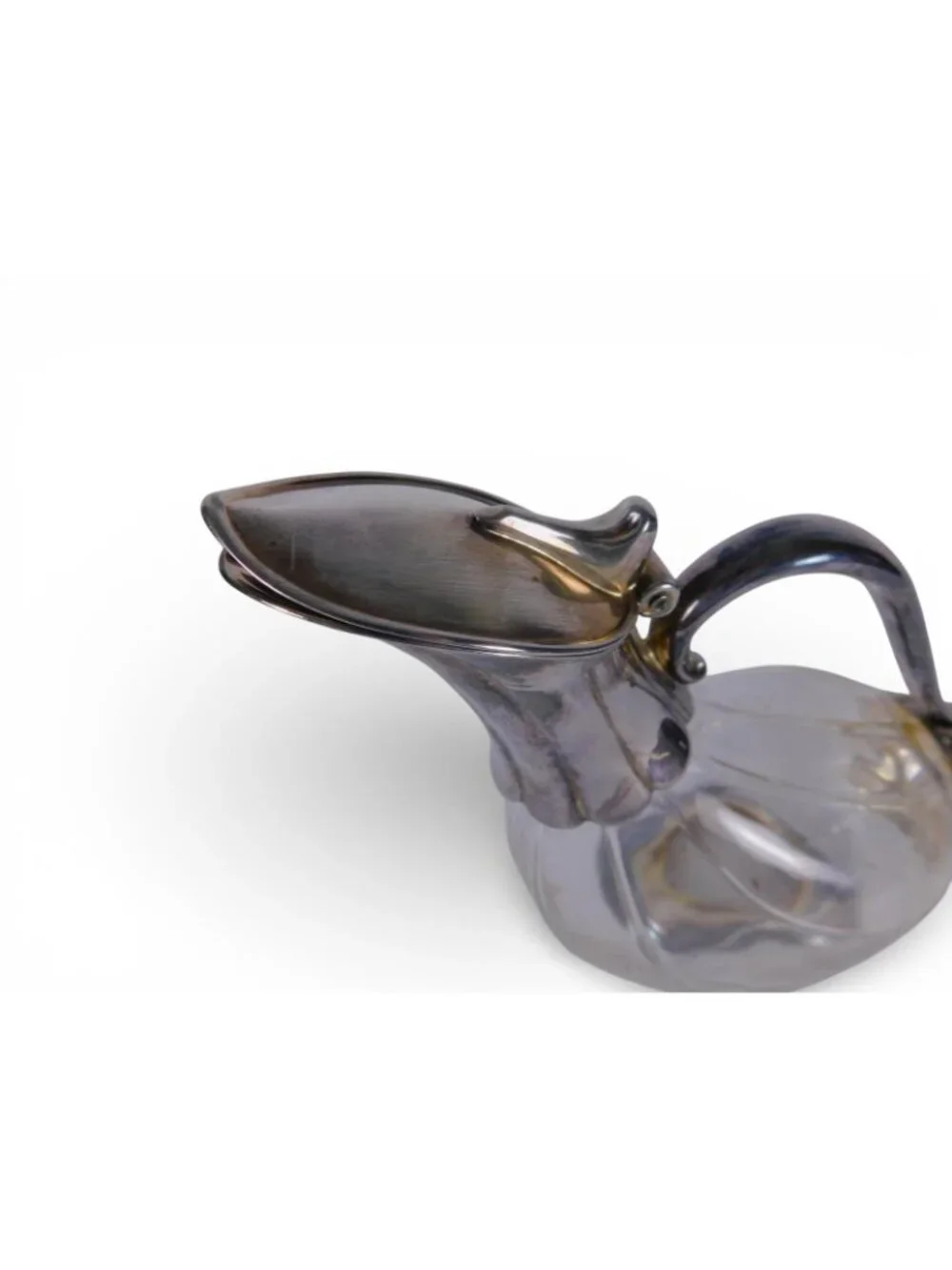 Vintage Clear Glass Art Nouveau Pitcher Metal Mounted Hinged Lid Handle Unmarked